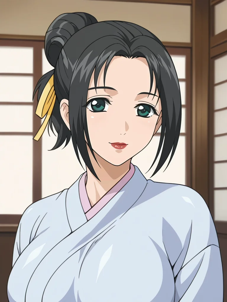 <lora:Mika_Inuoe-Hitozuma_Ryoujoku_Sankanbi:0.8>,Mika,1girl,solo,black hair,hair bun,green eyes,large breasts,hair ribbon,lipstick,kimono,upper body,looking at viewer,indoors,smile