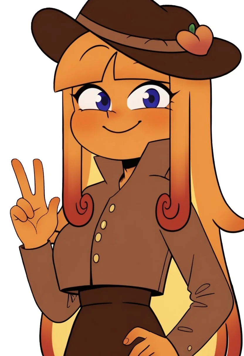 ((Bedroom background)),score_9, score_8_up, score_7_up,score_6_up,
1girl, Solo, Pessy_MT, orange skin, long hair, bangs, orange hair, dark blue eyes, pointy nose, brown hat with peach patch, light brown jacket, brown skirt, black ballet flats, big eyes, tall stature, social smile, perfect eyes, perfect smile, looking at the viewer, big breasts, detailed eyes, perfect eyes, cute, standing, (front pose, bust shot, close up to face, face portrait:1) 5 fingers, perfect hands, hand up symbol peace