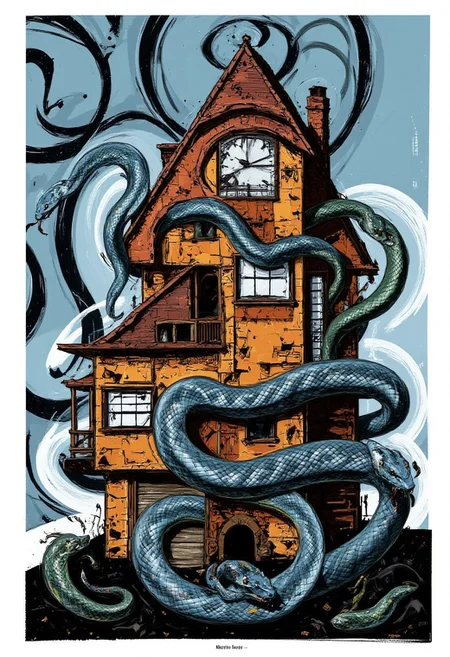 By Martin French. A digital illustration of a building with a sn4k3 design. the snakes wind around the house. the background is a simple, abstract design with a mix of blue and orange hues