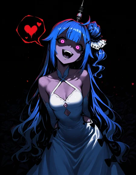 masterpiece,best quality,absurdres,very awa,highres,newest,year 2024,year 2023,<lora:illustrious_noobai_epsilon_pred_1_masterpieces_v1:0.7>,<lora:ponyv4_noob1_2_adamW:0.7>,<lora:spo_sdxl_10ep_4k-data_lora_webui:0.6>,<lora:add-detail-xl:0.35>,<lora:hand 5.5:1>,(rafaelaaa:0.4),(ekrea jan:0.4),(duoj ji:0.3),1girl,unicorn \(azur lane\),yandere,glowing eyes,head tilt,open mouth,fangs,shaded face,limited palette,monochrome,arms behind back,white dress,arms behind back,sinister,badass,horror \(theme\),dark,bent over,spoken heart,