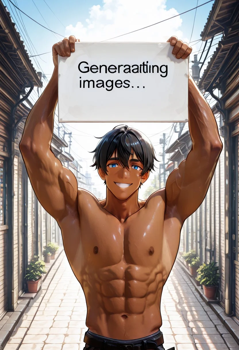 score_9, score_8_up, score_7_up, score_6_up, score_5_up, score_4_up, high quality, (detailed eyes:1.5), (detailed face), ((perfect face)), master piece, best high quality, ultra details, intricate details, male focus, detailed body, detailed background, perfect anatomy, masterpiece, high quality, best quality, amazing quality, very aesthetic, absurdres, Muscle_placeholder, Man holding sign, big letters, ((("Generating images"))), muscular male, muscular, tanned, arms raised, holding sign over head, black hair, muscular arms, muscular shoulders, muscular pecs, abs, blue eyes, smiling, anime, (((solo))), masculine, manly, single subject, 1man