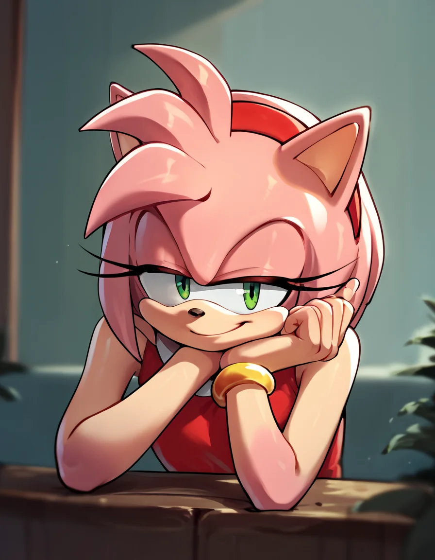 score_9, score_8_up, score_7_up, score_6_up, score_5_up, score_4_up, source_anime, AmyRose, portrait, head rest, smirk