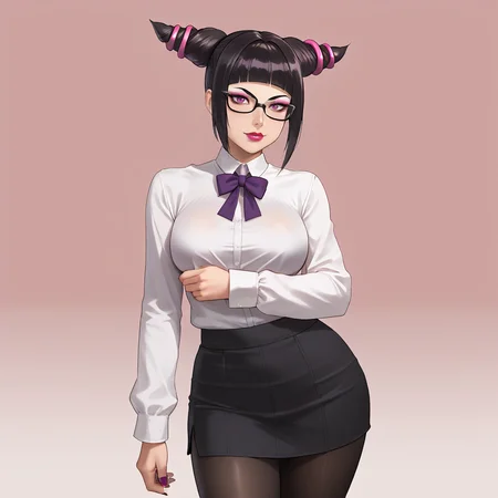 <lora:jurihan_pony_v1:.7>jurihan, 1girl, solo,han juri, hair horns, short hair, black hair, large breasts, toned,  purple eyes, nail polish, blunt bangs, lipstick,eyeshadow, cowboy shot,  <lora:0906 Home wear 6_v1_pony:1> ruanyi0906,black pantyhose,black skirt,blouse,glasses,long sleeves,white shirt