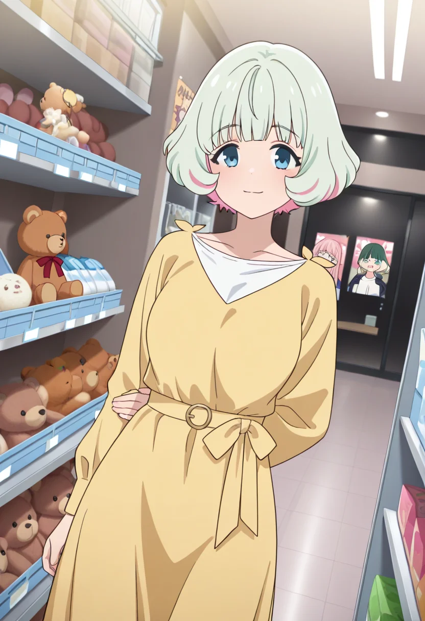masterpiece,best quality,absurdres,perfect lighting,indoors,shop,shelf,poster (object),stuffed animal,teddy bear,
*//*,<lora:HealerGirl_HibikiMorishima-Illustrious:1>,hibiki_morishima,1girl,solo,green hair,short hair,colored inner hair,pink hair,blue eyes,bangs,one-piece dress,yellow long dress,yellow long sleeves,(yellow belt:0.9),white undershirt,casual,
*//*,looking at viewer,cowboy shot,dutch angle,dynamic pose,light smile,
