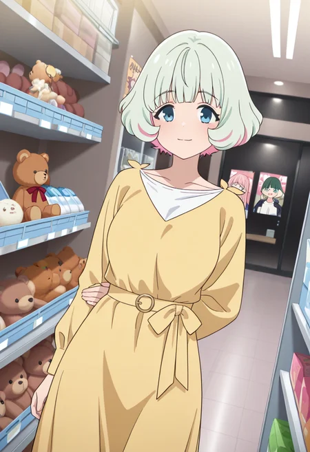 masterpiece,best quality,absurdres,perfect lighting,indoors,shop,shelf,poster (object),stuffed animal,teddy bear,
*//*,<lora:HealerGirl_HibikiMorishima-Illustrious:1>,hibiki_morishima,1girl,solo,green hair,short hair,colored inner hair,pink hair,blue eyes,bangs,one-piece dress,yellow long dress,yellow long sleeves,(yellow belt:0.9),white undershirt,casual,
*//*,looking at viewer,cowboy shot,dutch angle,dynamic pose,light smile,