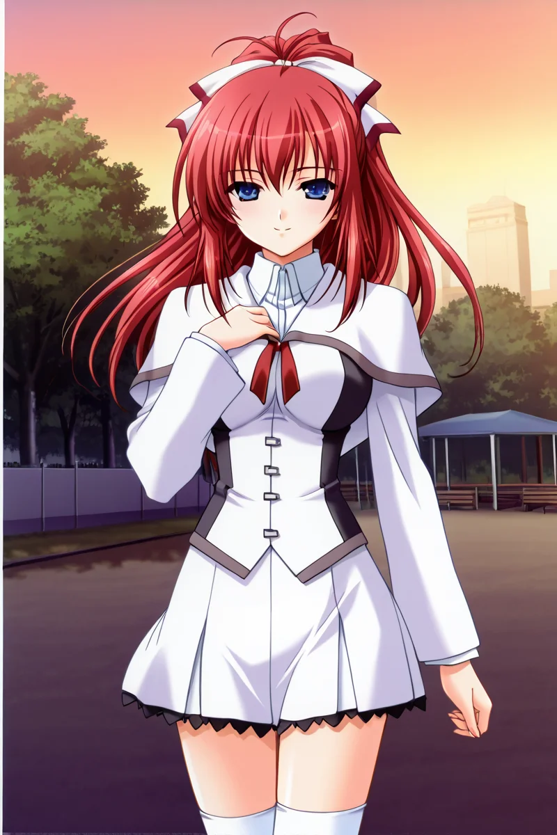 <lora:shiratori_mikoto_iny_ills:1>shiratori mikoto, school uniform, white short capelet, 1girl, solo, long hair, blue eyes, white fitted skirt with black frills, school bulding background, school park, outdoor, thighhighs, side white big hair bow, ponytail, red hair, white thighhighs, zettai ryouiki, one hand on chest, seductive smile, high resolution, cowboy shot, looking on viewer, large breast, (white thight sleeves), (red ribbon tie under capelet), slender body, young-adult, full body, brown shoes, <lora:HandFixer_pdxl_Incrs_v1:1>