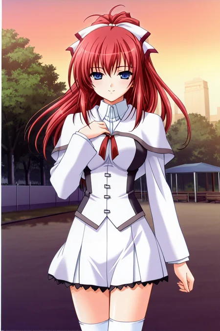 <lora:shiratori_mikoto_iny_ills:1>shiratori mikoto, school uniform, white short capelet, 1girl, solo, long hair, blue eyes, white fitted skirt with black frills, school bulding background, school park, outdoor, thighhighs, side white big hair bow, ponytail, red hair, white thighhighs, zettai ryouiki, one hand on chest,   seductive smile, high resolution,  cowboy shot, looking on viewer, large breast, (white thight sleeves), (red ribbon tie under capelet), slender body, young-adult, full body, brown shoes, <lora:HandFixer_pdxl_Incrs_v1:1>