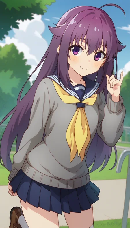 score_9,score_8_up,score_7_up,score_6_up BREAK official art,solo,outdoors,cowboy shot,looking at viewer,facing viewer,smile,blush,Koshi Anko,ahoge,very long hair,purple hair,hair flaps,sidelocks,hair between eyes,bangs,purple eyes,school uniform,blue sailor collar,yellow neckerchief,grey sweater,long sleeves,blue skirt,pleated skirt,white socks,loafers,brown footwear,<lora:Koshi Anko(snk)-Pony:1.5>,