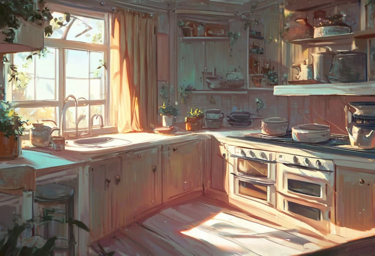 score_9, score_8_up, score_7_up, pmg style, kitchen, sunrise, stove, countertops, window, curtains