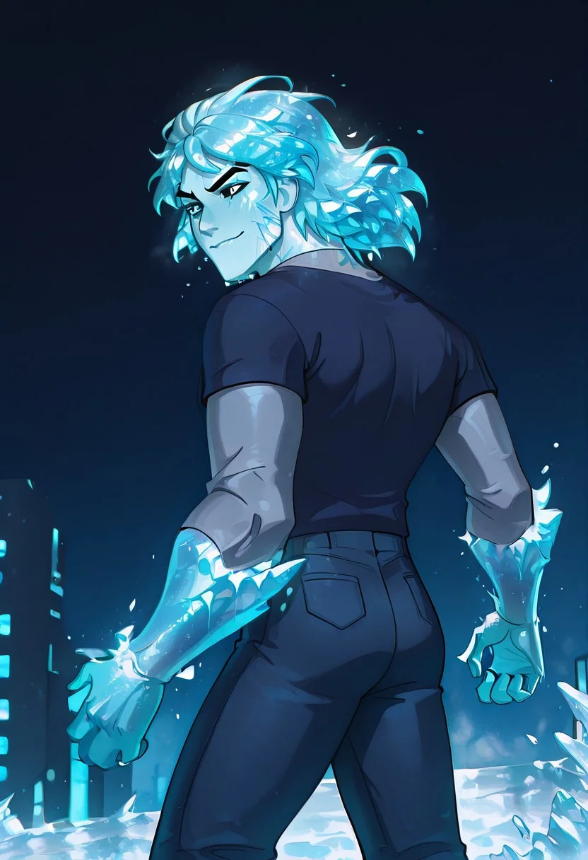 masterpiece, best quality, amazing quality, very aesthetic, absurdres, newest,
 kevaf, black eyes, black pupils, white sclera,  1boy, solo,  eyebrows, 
blue hair, blue shiny shirt, blue layered sleeves, short over long sleeves, thick eyebrows, blue jeans, blue shiny skin, blue skin, blue crystal spikes, detailed background, diamonds, blue diamonds, in city, night city, street lights, dark, horror, from bottom, arm blade, crystal growth, 
angry, smile, blue hands, crystal hair, shiny hair, colored eyelashes, crack, spikes growing in back, Frostbite, Frostbite_on_face, Frostbite_on_hair,