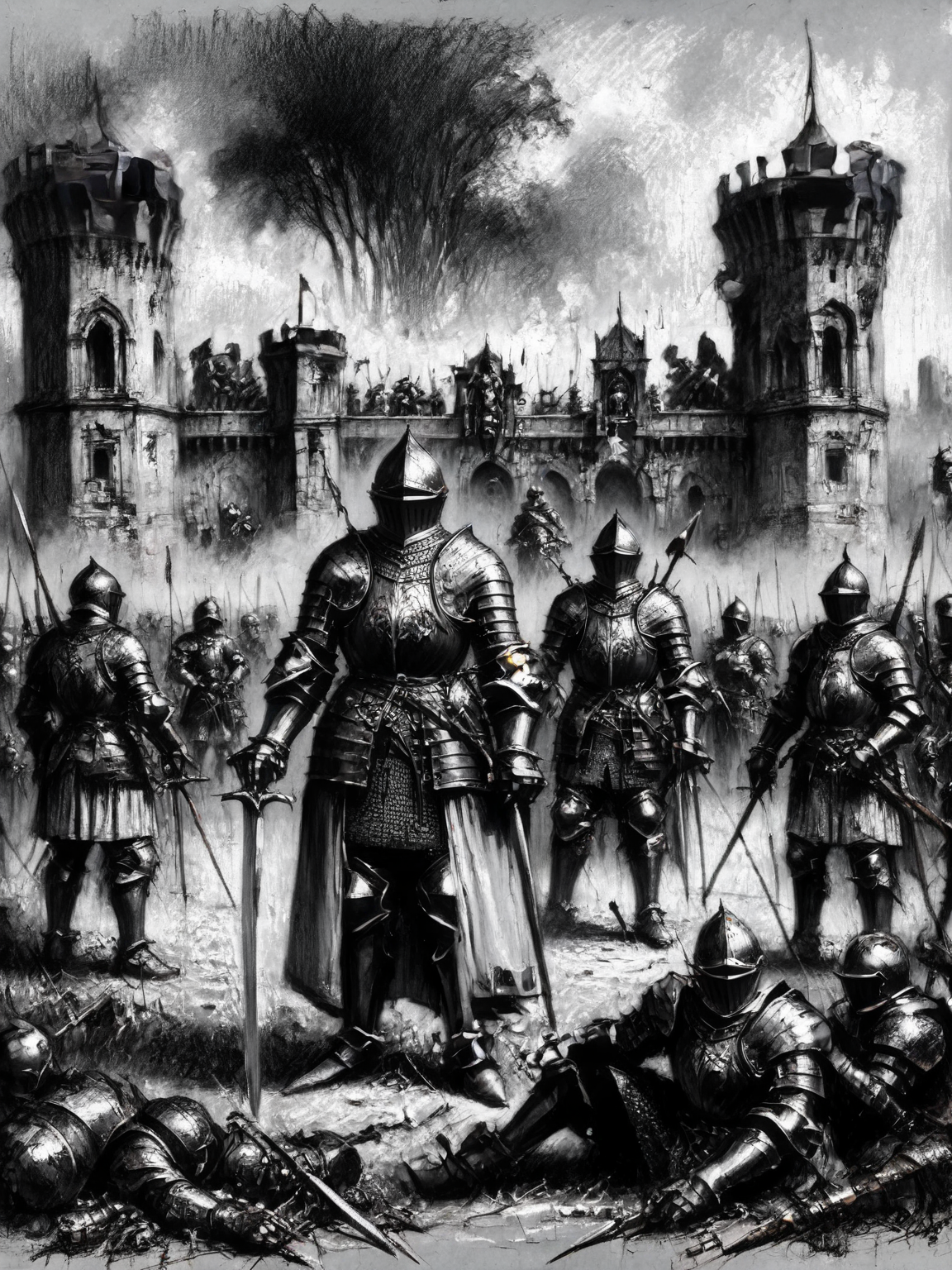 A dramatic battle scene with knights and archers, but upon closer inspection, their armor and weapons have subtle steampunk modifications <lora:Renaissance_Drawing:1>,<lora:EnvyBetterHiresFixXL01:0:hr=1>