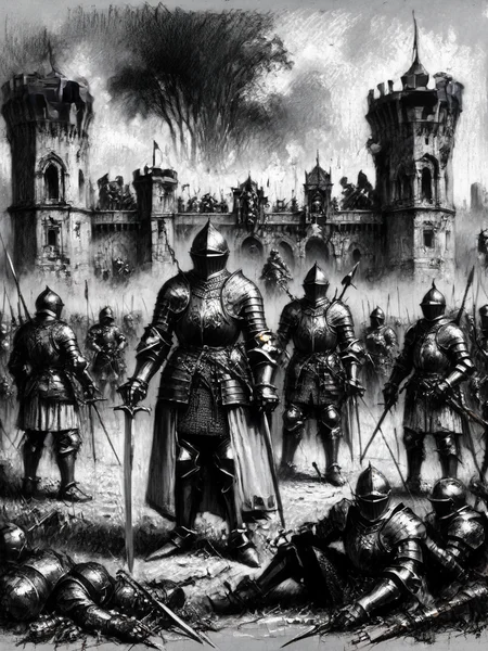 A dramatic battle scene with knights and archers, but upon closer inspection, their armor and weapons have subtle steampunk modifications <lora:Renaissance_Drawing:1>,<lora:EnvyBetterHiresFixXL01:0:hr=1>