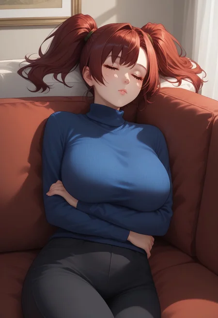 score_9, score_8_up, score_7_up, <laura:expressive_n: 1>, expressive_n, detailed eyes, beautiful, detailed background, perfect eyes,, expressive, 1 girl, visual novel character, sexy 20 year old girl, solo, <lоra: ikarus-chan_close:0,7>, short hair, red hair, two ponytails, shoulder-length ponytails, brown eyes, big breasts, wide hips, short hair, blue turtleneck sweater, black pants, lying on side, indoors, couch, sleeping