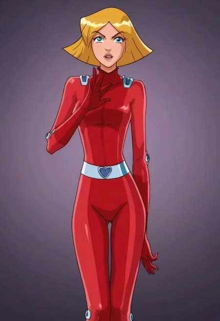 masterpiece,best quality, highly detailed, score_9, score_8_up, score_7_up, score_6_up, source_cartoon, BREAK, 1 girl, cloverts, \(totally spies\), blonde hair, blue eyes, red bodysuit,