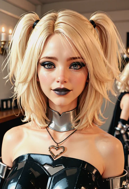 J3nnyr1chards, heart necklace, blonde, blue eyes, medium hair;
Candid photo showcasing a young norwegian woman, in a futuristic theme-cafe with digital lighting outlining her silhouette from behind.
The portrait shot's composition centers on the woman's face, giving only a glimpse of her bare shoulders, accentuated by an armor-like avant-garde neck adornment.
Her deep set light blue eyes are pronounced by dark mascara with long false lashes in an avant-garde style, completed by black lipstick on her thin lips.
She wears her blonde hair in high, messy twintails style, with dark roots. Her mood seems curious and spirited, her head slightly turned sideways, gazing at the viewer, emphasizing the optimistic mood of the image.
Her top is made from a rough felt-material featuring a silver structure, protruding from a metal neck-adornment and extending upwards in front of her face. The cage-like face-shield is covering one side of her face like part of an armor, similar to a knight's gorget, casting dramatic shadows on her face in a grid-pattern, creating an otherworldly and gothic appearance.
Set inside a whimsical science fiction cafe with goth furniture with hovering virtual candles in a low-poly design pronouncing a scifi setting.