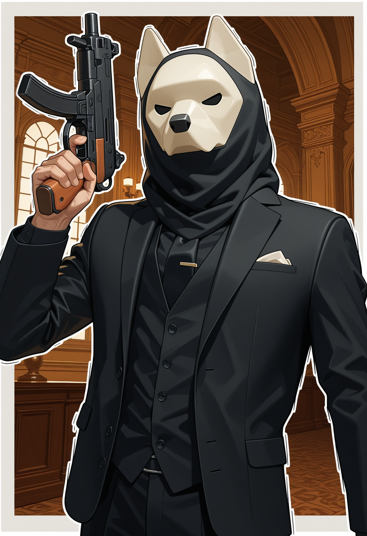 solo, male focus, 1boy, al3ks1s, black and white mask, black suit, black shirt, black necktie, holding submachine gun, orange and black palette, style parody, mansion, (white border, white outline:1.5), dutch angle, indoors, hand,
perfect anatomy, masterpiece, perfect quality, best quality, amazing quality, detailed, newest, very aesthetic
