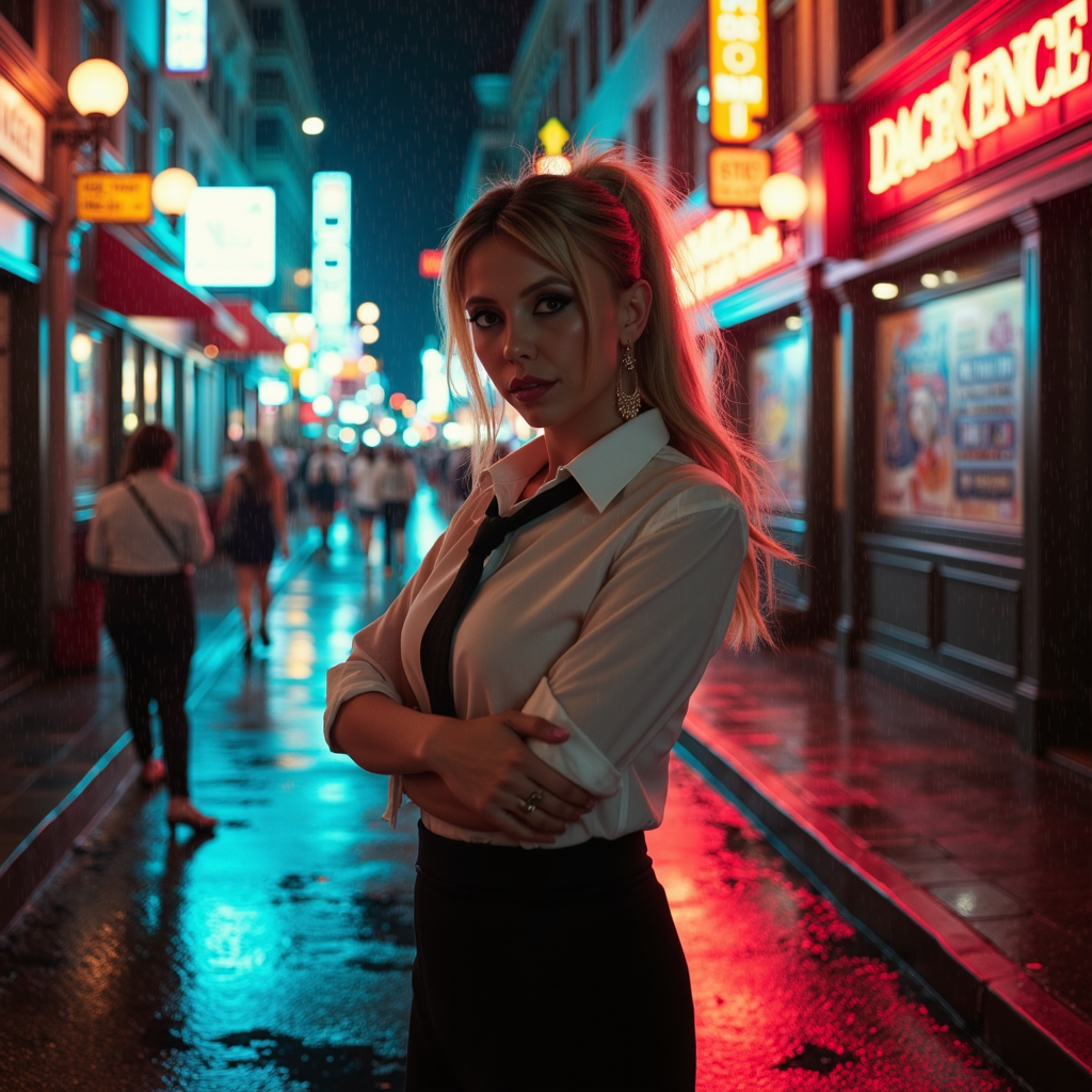 neon noir surrealist art a beautiful blond woman, wearing a secretary uniform, in an office <lora:Riley_Voelkel:1> rileyv . dreamlike, mysterious, provocative, symbolic, intricate, detailed . cyberpunk, dark, rainy streets, neon signs, high contrast, low light, vibrant, highly detailed