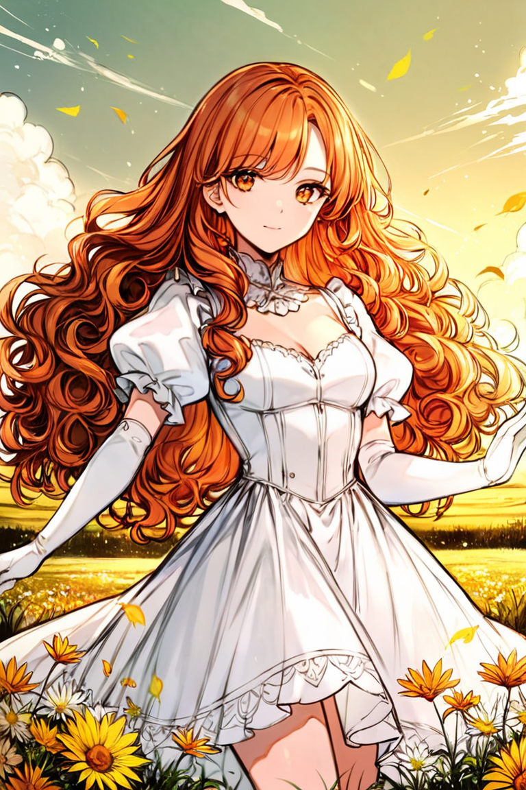 score_9, score_8_up, score_7_up, rating_safe, 1girl, solo, long hair, curly hair, wavy hair, orange hair, orange eyes, looking at viewer, breasts, dress, white dress, puffy sleeves, puffy short sleeves, short sleeves, gloves, elbow gloves, white gloves, cowboy shot, closed mouth, standing, outdoors, field, flower, grass, plant, sky <lora:Line Art Style LoRA XL:0.8>