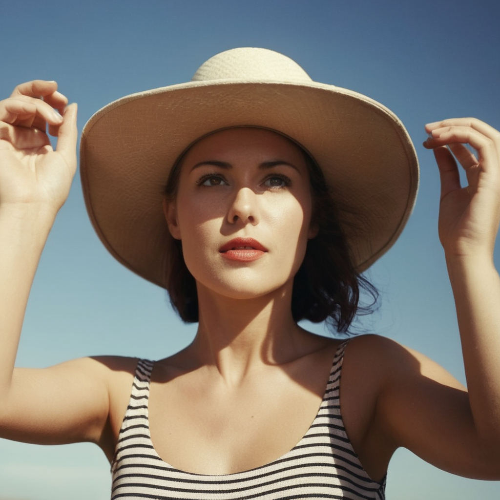 analog film photo of  <lora:Kodak Motion Picture Film Style v4:1>
1980's kodak vision3 500t Best Cinematic black and white low angle from below Picture of a woman with a hat on her head in perfect sunny daylight Kodak Motion Picture Film Style, faded film, desaturated, 35mm photo, grainy, vignette, vintage, Kodachrome, Lomography, stained, highly detailed, found footage