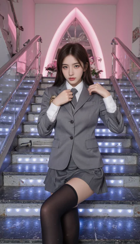 This is a high definition and detailed professional portrait photograph featuring a cream woman with light complexion in a pose. She stands with one leg bent at the knee, one hand resting on her hip, and the other hand delicately placed on her collarbone. She is wearing SGWN25clothing, a formal gray school uniform with black stockings. She wears minimal makeup with a focus on glowing skin. She has black with highlights hair flaps. The background is of a grand staircase with blue and white LED lights illuminating each step. The staircase should have sleek, reflective surfaces that catch the glow of the LEDs, adding to the overall brilliance. In the background, place a towering pink LED triangle arch, radiating a captivating and futuristic glow. The scene should feel modern, visually striking, and evoke a sense of grandeur and theatrical elegance.<lora:flux\fxyifu\SGWN25clothing_v1_000003000.safetensors:0.85:0.85> <lora:flux\fxchara\majicbeauty1.safetensors:0.73:0.73>