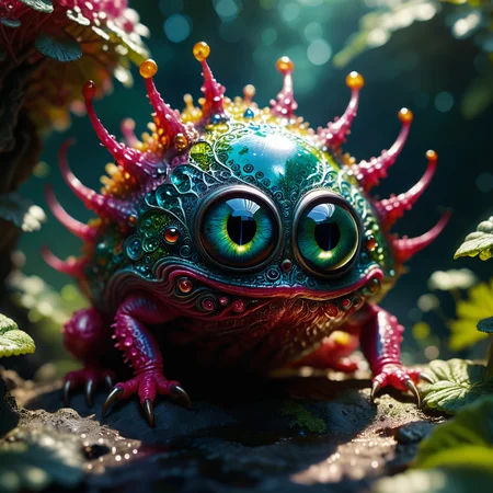 award-winning macro photo, (short depth of field:1.2), the (diminutive:1.4) "unfair fifferyekko" is a (colorful:1.4) enigmatic and phenomenal creature (with reflective eyes:1.2) that dwells in the karvyturbled canopies and punglyflorbed vlorm of the exotic alien world "flurmball viii", where they harvest swallorfluxed spores and (floating particles:1.1) for sustenance, (dappled sunlight:1.1), rim lighting, chiaroscuro, hot pink and silvery and blue-green, (old masters painting:1.1), (intricate details:1.1), (creature focus:1.1), <lora:lyco-style-envydramaticlightingxl01_digital_art-xl:0.44> <lora:midjourney_mimic-xl-by_andrexsel:0.4> <lora:more_artful-xl:0.52> <lora:extremely_detailed-detail_slider-v2-xl-by_ntc:1.0> <lora:envybetterhiresfixxl01-xl:0.0:hr=1.0>