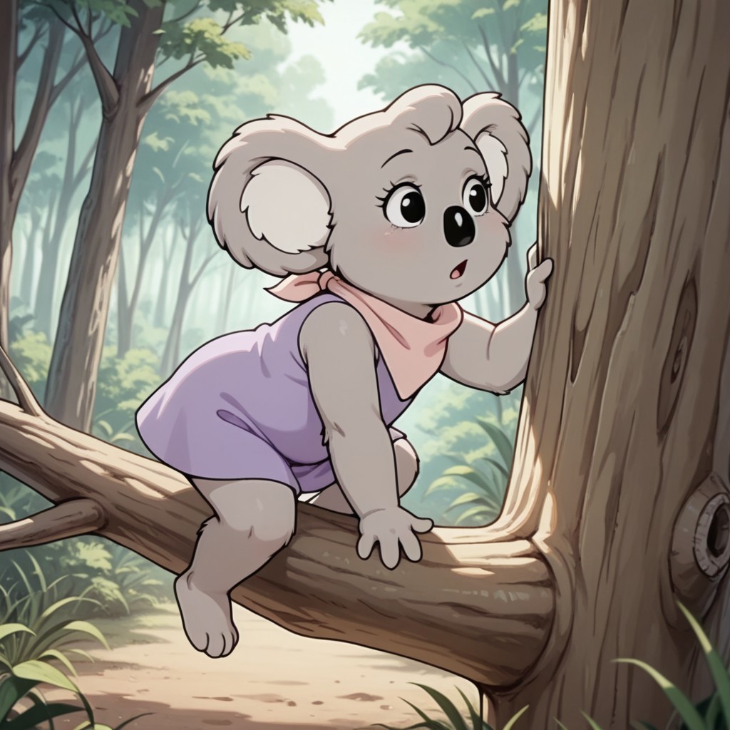 masterpiece, best quality, amazing quality, Nutsybbil, semi-anthro, female, Koala, tan fur, black eyes, purple dress, pink neckerchief, forest, climbing tree
