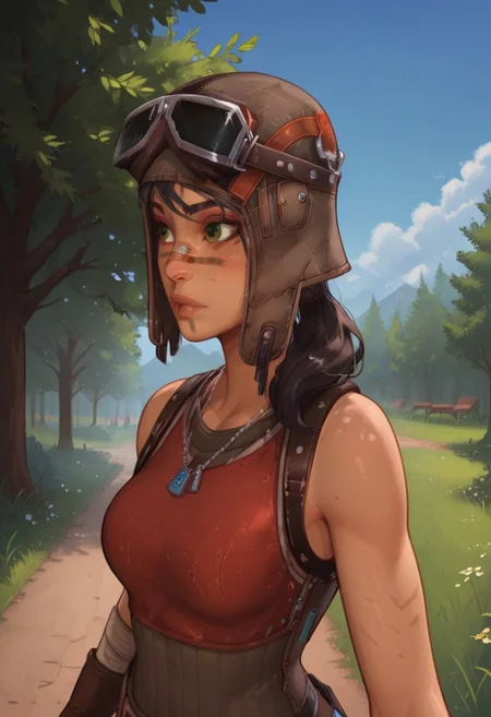 masterpiece,best quality, highly detailed, score_9, score_8_up, score_7_up, score_6_up,
BREAK, 1girl, Renegade Raider, facepaint, necklace, bandaid on face, helmet, ponytail, standing, park, outdoor, solo