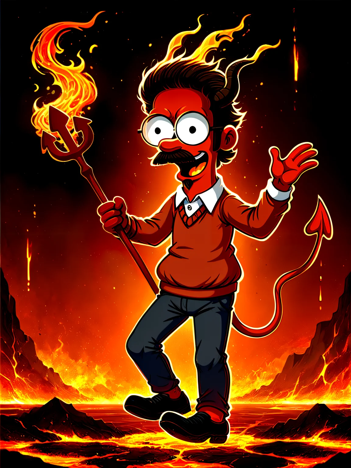 solo, (n3df:1.4), mustache, (goatee:1.2), short hair, brown hair, (the simpsons:1.1), (red skin:1.2), 4 fingers, dot pupils, black eyes, round eyes, round eyewear, sweater, collared shirt, pants, shoes, goat horns, spade tail, pitchfork, wide mouth, crazy, laughing, evil, (lava background:1.2), flamestyle, fire, source_cartoon, 2d
score_9, score_8_up, score_7_up, score_6_up, best quality, highres
<lora:TS_NedFlanders_Lora:0.7> <lora:Flame_Style:0.7>