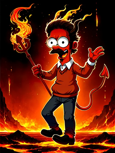 solo, (n3df:1.4), mustache, (goatee:1.2), short hair, brown hair, (the simpsons:1.1), (red skin:1.2), 4 fingers, dot pupils, black eyes, round eyes, round eyewear, sweater, collared shirt, pants, shoes, goat horns, spade tail, pitchfork, wide mouth, crazy, laughing, evil, (lava background:1.2), flamestyle, fire, source_cartoon, 2d
score_9, score_8_up, score_7_up, score_6_up, best quality, highres
<lora:TS_NedFlanders_Lora:0.7> <lora:Flame_Style:0.7>