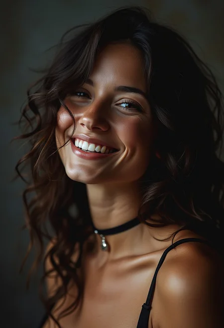 (woman:1.1) with (dark:1.2) wavy hair is totally in a completely (dark:1.1) open room with the (only:1.1) light coming (directly:1.1) from her sides from a 2 (large:1.1) (softboxes:1.1). Smiling She is wearing a BDSM (choker:1.1) and (stayups:1.1) and (holders:1.2). She is (sensual:1.4) looking and (glistening:1.4). The scene is shot with (Kodakportra800:1.1) (filmgrain:1.1) (Analogcamera:1.1) (Sharpdetails:1.1) (50mm:1.1) (carlzeiss:1.1) (planar@f4:1.1)