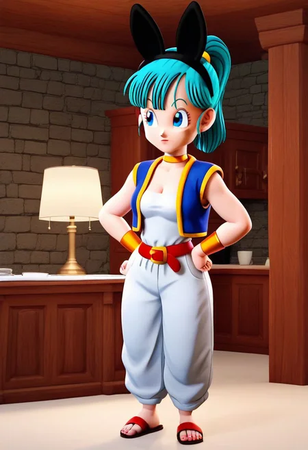 score_9, score_8_up, score_7_up, anime screencap,
bulma \(dragonball\) 3d render, in clsh artstyle, 1girl, inside, solo, breasts, blue eyes, animal ears, cleavage, aqua hair, standing, full body, ponytail, choker, indoors chair, sandals, lamp, yellow wristband, yellow choker, white pants, white topwear, tube top, toenails, scrunchie, looking at feet, clothes grab, small_breasts, red footwear, red belt, raised eyebrows, vest over shirt, eyelashes, eyebrows, blue vest, baggy pants, arm at side, collarbone, expressionless