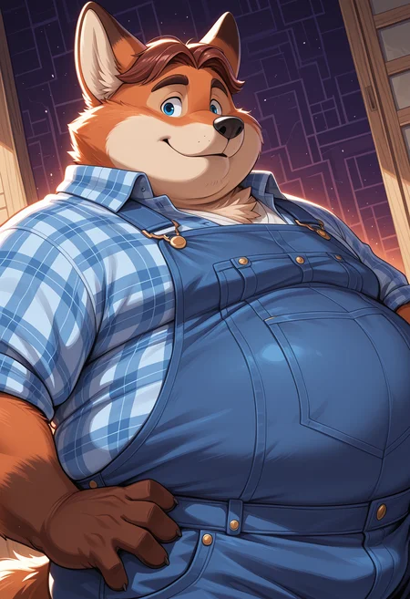 masterpiece, best quality, amazing quality, dutch angle, abstract background, BREAK
solo, 1boy, furry male, zoo_gg, fox boy, fox ears, blue eyes, brown hair, fat, overweight, overalls, plaid shirt, fox tail, upper body focus, BREAK
<lora:cfg_scale_boost:.6> <lora:Gideon_Grey_-_Zootopia_-_ILXL:1>