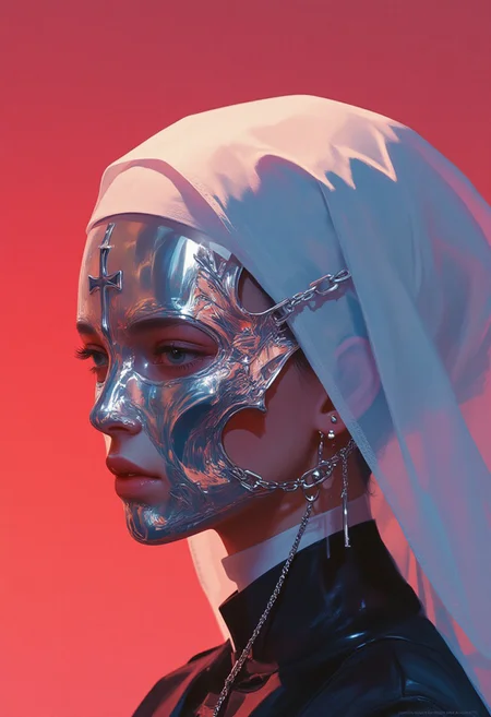 "Hyper-realistic digital illustration, close-up of a woman's face framed by flowing white nun's headdress, adorned with a surreal chrome mask shaped like a holy cross. The mask's polished silver surface shimmers with intricate etchings and faint blue undertones, giving it a sacred yet otherworldly appearance. The cross dominates the face, covering the nose, mouth, and brow's centerline, held firmly by taut chrome chains wrapping securely around the back of the head. The background radiates a glowing crimson red light, its luminous warmth casting bold red highlights on the nun's dark robes and subtle reflections on the metallic mask. The lighting creates striking contrasts between the divine and the surreal, with every detail of the intricate mask and delicate fabric rendered flawlessly. The atmosphere is intense, ethereal, and unsettlingly divine. HD, 8K, ultra-detailed, masterpiece, cinematic lighting, depth of field, f/1.4 aperture, and sharp focus on surreal design." (surreal photo, iridescent, aesthetic, in the style of Jed-clrfl)