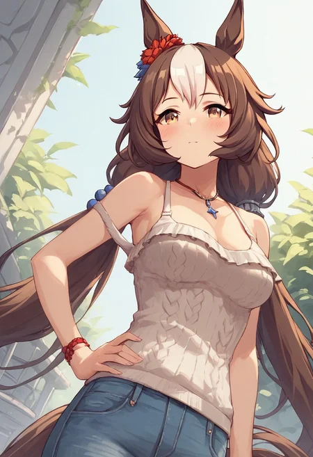 score_9,score_8_up,score_7_up, Expressiveh, 1girl, solo, yamanin_zephyr_(umamusume), 1girl, solo, bangs, two-tone hair, very long hair, low twintails, horse girl, horse ears, brown hair, white hair, long hair, breasts, medium breasts, brown eyes, flower, horse tail, casual wear, zettai ryouiki, sleeveless sweater, off shoulder, hand on hip, necklace, fashion, blush, form below, photograph, cowboy shot, dutch angle,