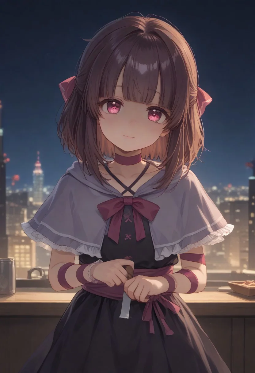1girl, solo, solo focus, highres, absurdres, Shondo1st, bangs, pink eyes, hair bow, brown hair, medium hair, petite, sidelocks, flat chest, black dress, criss-cross halter, frilled dress, waist bow, pink bow, single wrist cuff, arm ribbon, pink ribbon, pink choker, chocolate, food-themed clothes, collarbone, grey capelet, hooded capelet, hood down,
looking at viewer, holding knife, ((shaded face,)) head tilt, kitchen knife, yandere, hand up,
cityscape, neon lights, night, night sky, dark, backlighting,