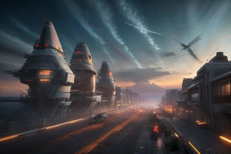 exceptionally detailed concept-art illustration, absurdres, 8k, scifi fantasy, future, busy fictional spaceport, located on a fantastic floating city, cloudscape, many different models of lightweight spacecrafts known as "cutters", are constantly arriving and departing, daytime, outdoors, cloudscape, implied scale, implied height, high resolution textures, pastel hues, [orange, pearl white, pink, ochre, onyx, cobalt], neon panel lighting strips, detailed background,
