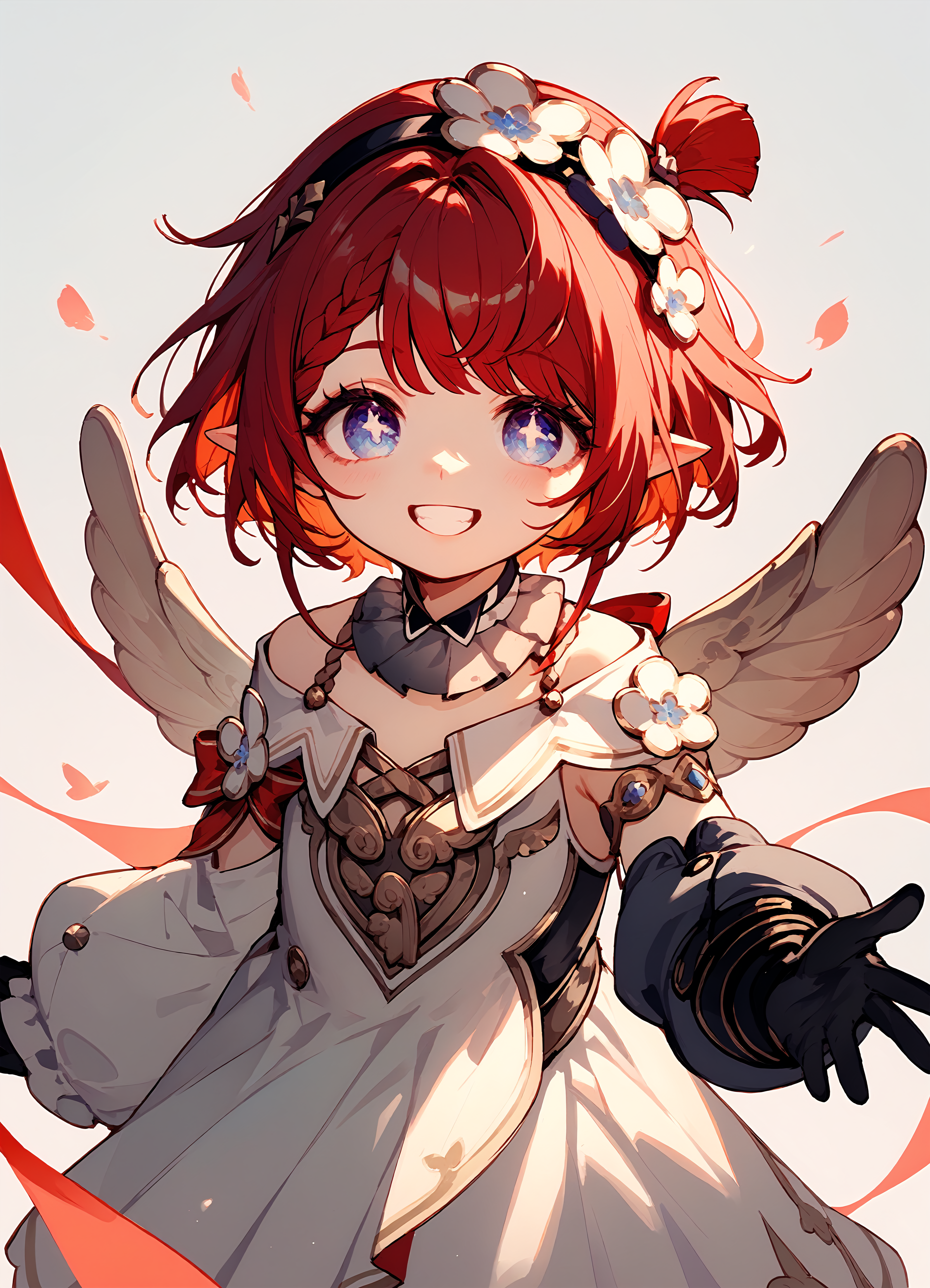(score_9, score_8_up, score_7_up), 1girl, tribbie, wings, detached collar, puffy long sleeves, black gloves, smile, simple background, <lora:tribbie-hsrPO-v1:0.9>