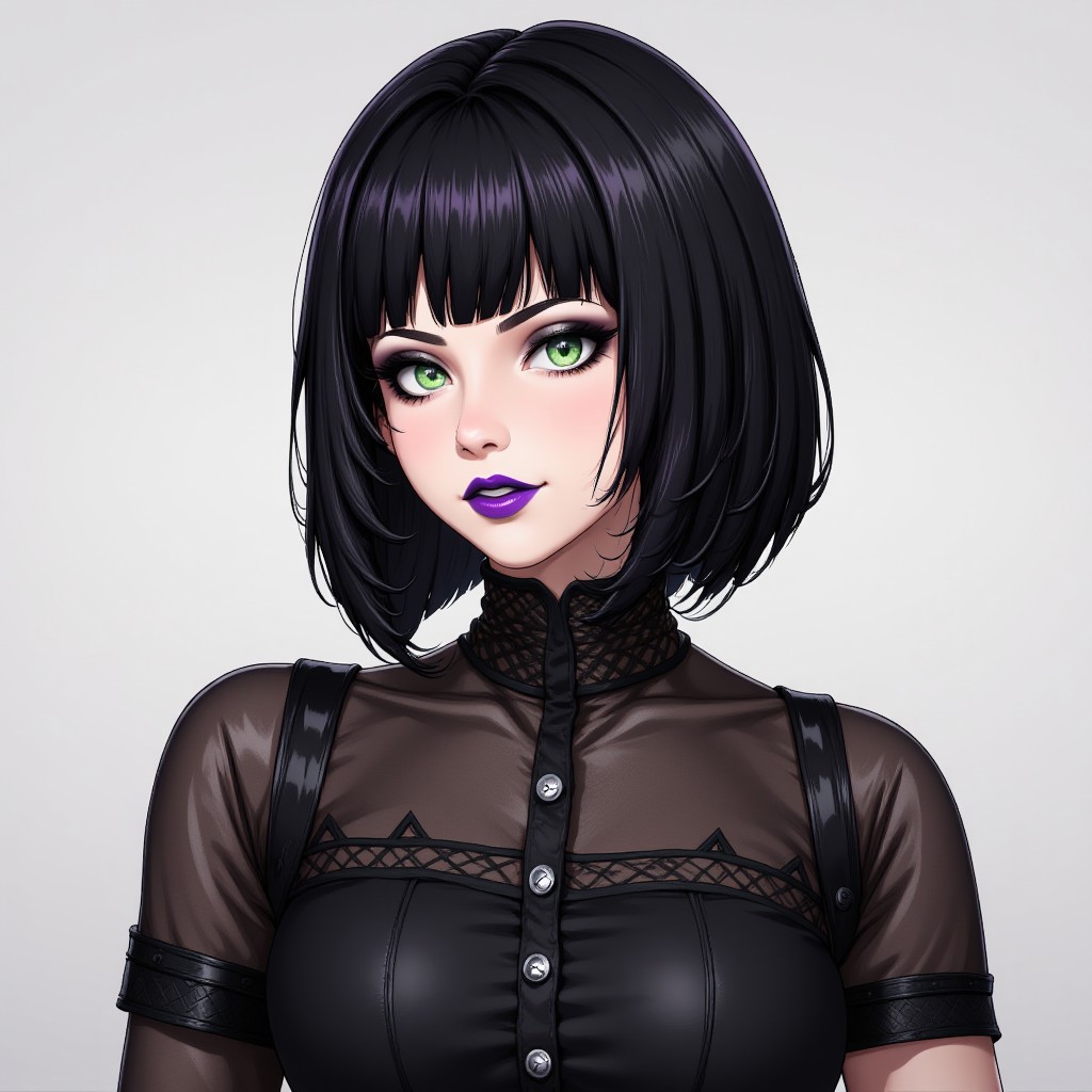 1woman,black hair,bob cut,medium hair,green eyes,purple lips,black dress,goth,DreamArt