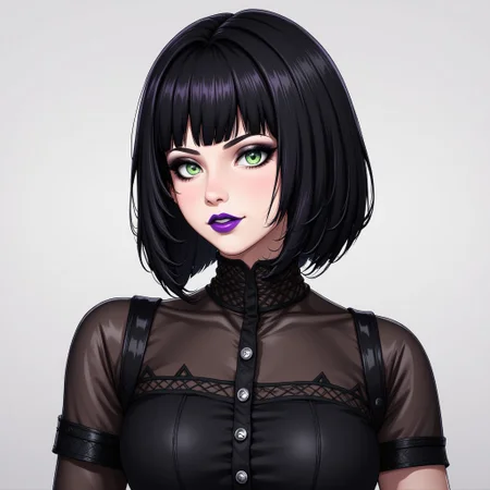 1woman,black hair,bob cut,medium hair,green eyes,purple lips,black dress,goth,DreamArt