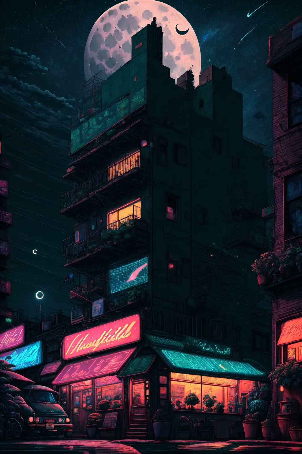 no humans, outdoors, sky, night, moon, plant, building, star (sky), night sky, scenery, city, sign, potted plant, wide shot, crescent moon, neon lights
<lora:Iso-Pixel:1>