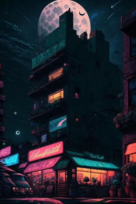 no humans, outdoors, sky, night, moon, plant, building, star (sky), night sky, scenery, city, sign, potted plant, wide shot, crescent moon, neon lights
<lora:Iso-Pixel:1>