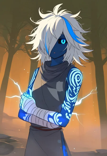 score_9, score_8_up, score_7_up, score_6_up, BREAK, (1girl, skinny, white hair, medium hair, messy hair, hair between eyes, hair over one eye, white bandages, blue eyes, blacksclera:1.4, white rags, grey tabard, sleeveless, expressionless, open mouth:0.6, light blue streaked hair:0.8, glowing blue tattoos:1.6, glowing arms:1.6), (cowboy shot), BREAK outdoors, open ground, water ground, standing, dead trees:1.6, dead forest, detailed branches, fog, glowing blue particles:1.8, depth of field, dutch angle, sketch:1.6, lineart:1.6, dark atmosphere, chiaroscuro:1.6, night, lightning