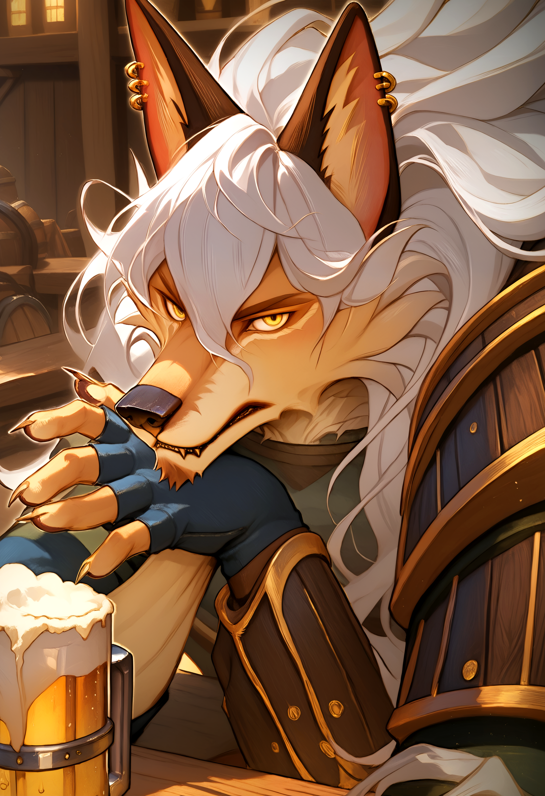 score_9, score_8_up, score_7_up, 8k, detailed design, detailed background, detailed characters, masterpiece, anthro only, furry only,    <lora:ShakirAFK_Arena-000001>, shakir, earrings, furry male, long hair, armor, 1boy, fingerless gloves, white hair, fox boy, wolf ears, animal ears, yellow eyes, beer, head rest, close up, looking at viewer,  inside, wooden bar,