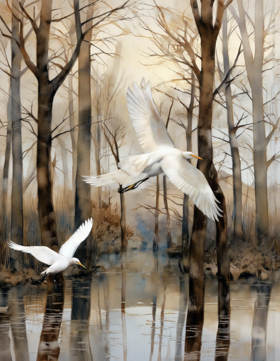 . A watercolor painting of two white egrets flying over a misty forest, captured in a serene and peaceful atmosphere. the painting features a tranquil scene of two birds, one in flight and the other in mid-flight, with their wings spread wide as they soar gracefully over the water. the birds are silhouetted against the soft, ethereal light filtering through the trees, creating a sense of movement and energy. the trees are tall and slender, with bare branches reaching up towards the sky, and the water reflects the trees and the birds in a mirror-like quality. the background is filled with a blend of soft, muted colors, including shades of brown, gray, and white, which contrasts with the serene atmosphere of the scene. the artist's signature, "T.K. Chapman," is visible in the bottom left corner of the painting, adding a personal touch to the artwork.