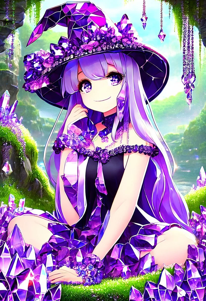 (masterpiece, best quality, high quality, good quality),1girl,from below,sitting,foot focus,no shoes,holding with feet,gem,purple theme,purple gemstone,smile,crystal,
<lora:TheHerta_Il_bs1_noTE_trig:1>,The Herta,hat,long hair,detached sleeves,jewelry,dress,witch hat,earrings,flower,bangs,hat flower,necklace,bare shoulders,black dress,frilled sleeves,black headwear,grey hair,frills,long sleeves,cross,purple flower,black pantyhose,
<lora:Amethystize_lora_xl_webui:0.1>,made of sparkling amethyst crystals,