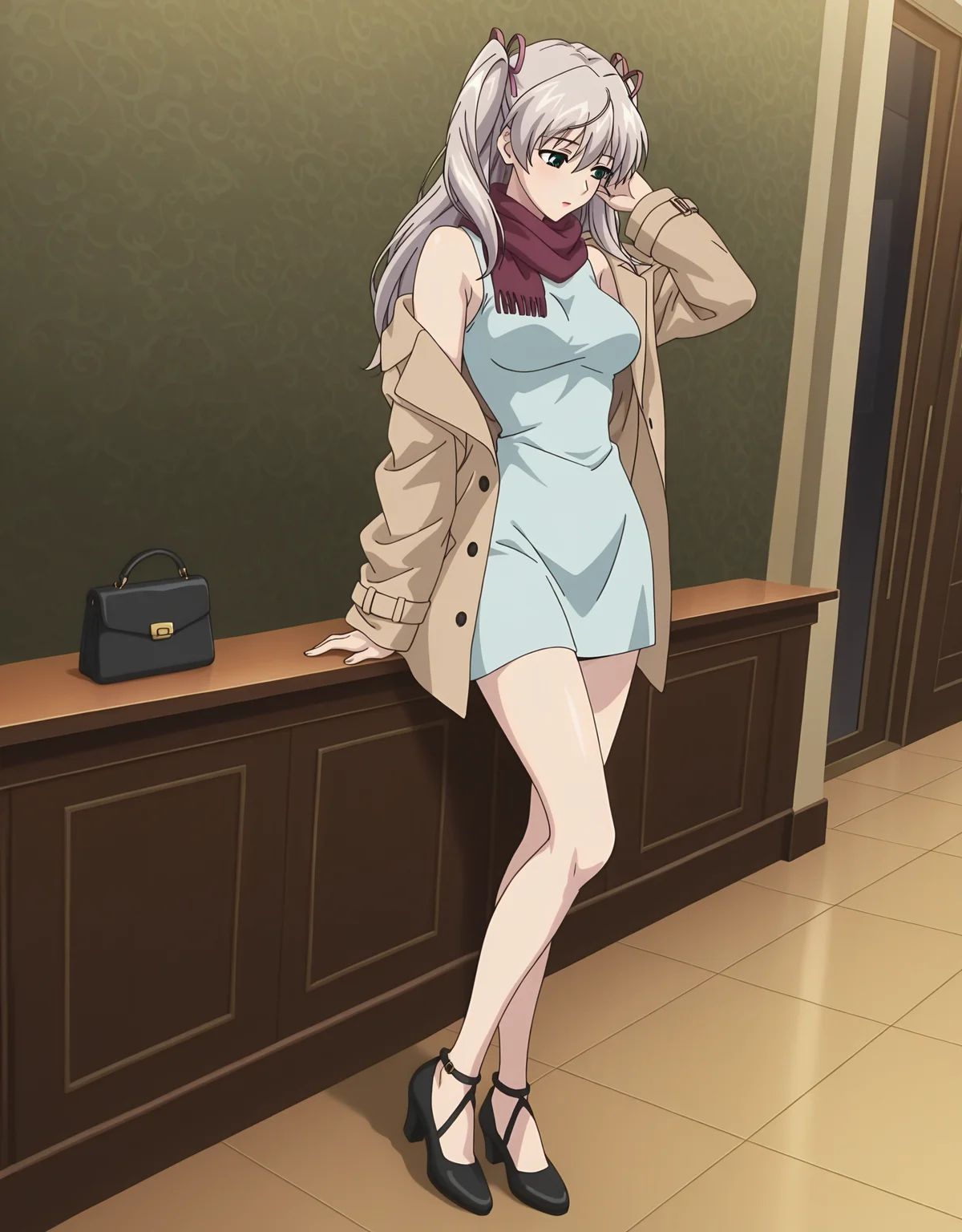 masterpiece,best quality,very aesthetic,zPDXL,2023,anime style,huge filesize,wallpaper,anime screencap,
BREAK <lora:suvia_v5-000018:0.8>,suviav5,1girl,solo,long hair,ribbon,hair ribbon,green eyes,two side up,breasts,twintails,medium breasts,grey hair,17-year-old girl,(a domineering girl:1.3),skinny,standing,dynamic_angle,dynamic_pose,close-up,fullbody,fashion,flat_shoes,contemporary,in spring,city,handbag,(coat:1.2),sleeveless dress,sitting,scarf,cap,makeup,is making up,