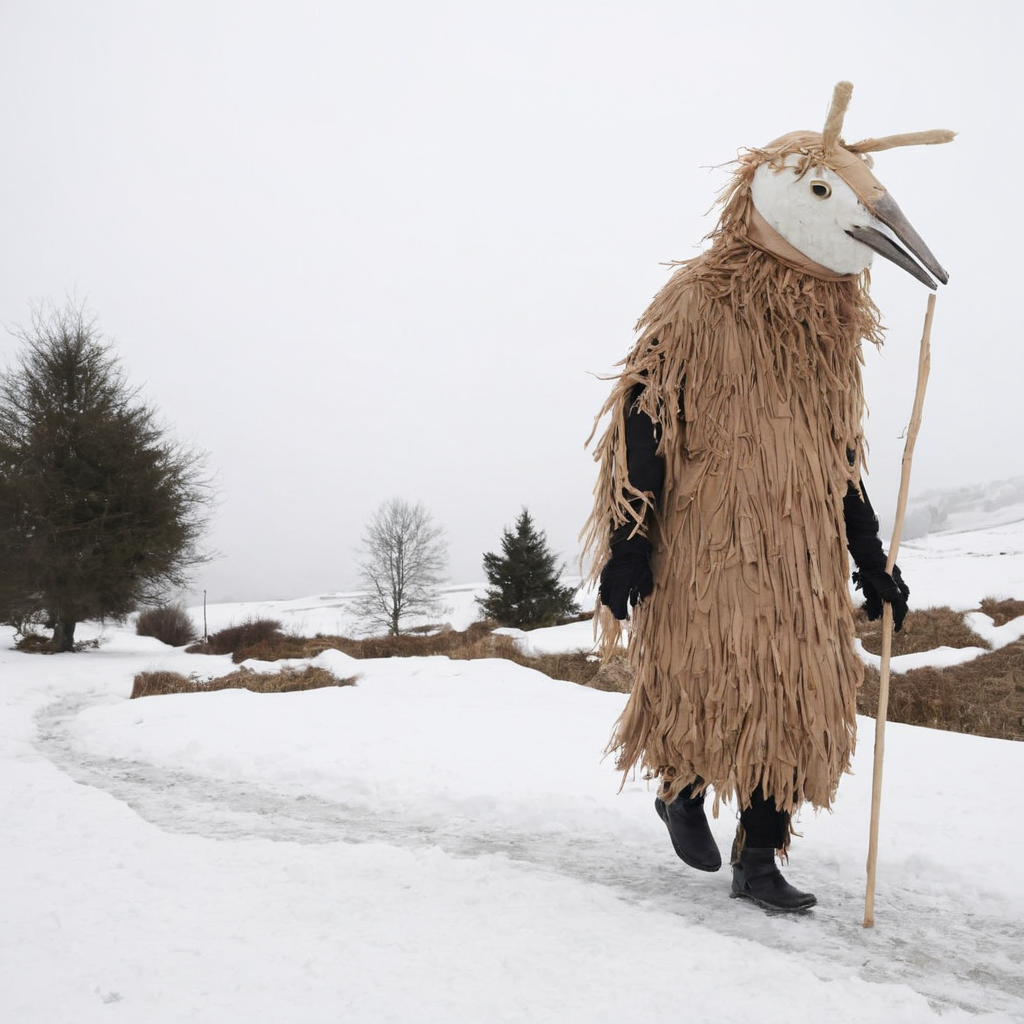 <lora:SDXL_Mask_Sa_May:1> mask,  a person dressed in a costume walking in the snow