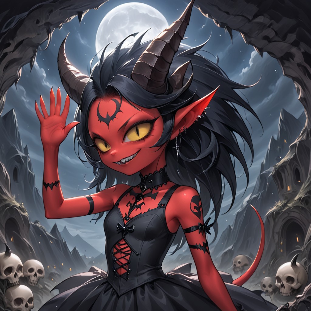 mobe-godeen,Cave,outside,nighttime sky,with some clouds, Millie-jizoku,ellow Scelera,Black Eyes,Red Skin,Long Tail,Pointy Tail,Imp,Demon,Black Horns With thin White Stripes,wearing a random nice text white long tank top with black badass jacket,Macabre style,close up,  look happy to the viewers, waving hi,solo,female1,high-quality,beautiful detail,