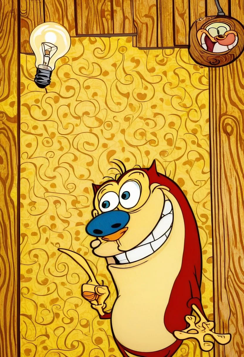 ((sharp focus)), solo, upper body, ((stimpy)), expression, laughing, ((teeth)), light bulb moment above head, ((eureka)), ((finger pointing)), (wooden yellow wallpaper background escher), no humans, easynegative, By bad artist