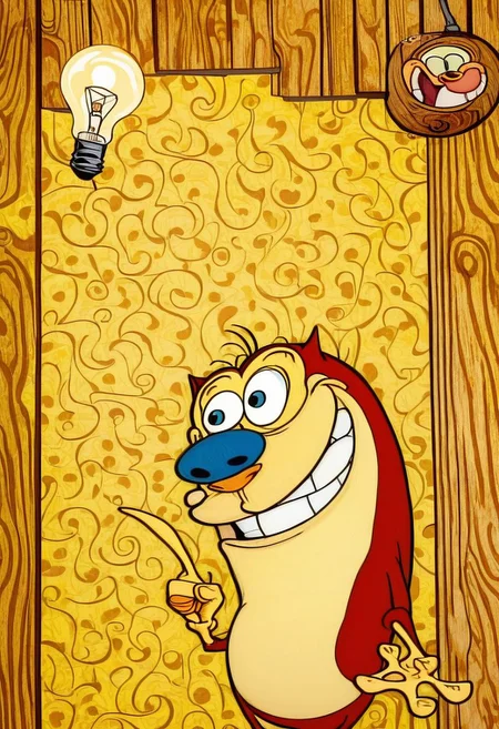 ((sharp focus)), solo, upper body, ((stimpy)), expression, laughing, ((teeth)), light bulb moment above head, ((eureka)), ((finger pointing)), (wooden yellow wallpaper background escher), no humans, easynegative, By bad artist